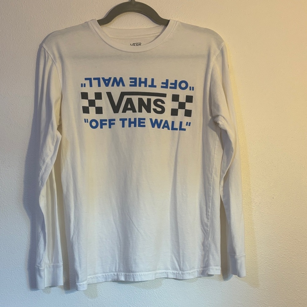 Vans off the wall large White Long Sleeve T shirt with Blue Graphics